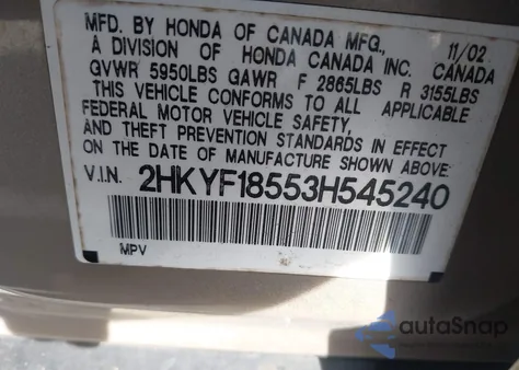 2003 Honda Pilot Ex-L from USA, damaged, VIN 2HKYF18553H545240
